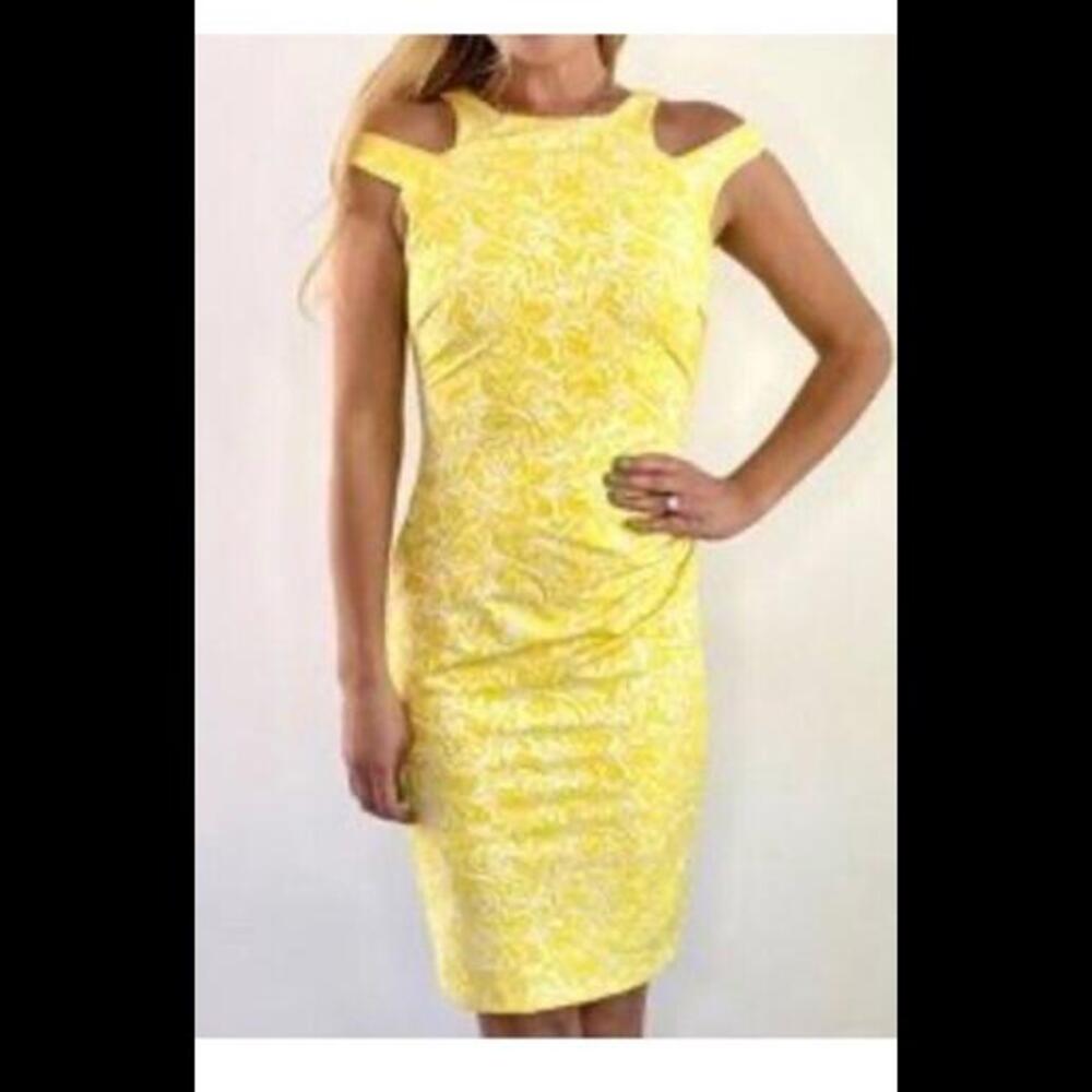 👗🟡Cache Dress Women Sz 8 BWhite Yellow Floral Sleeveless Bodycon Zip Cutouts